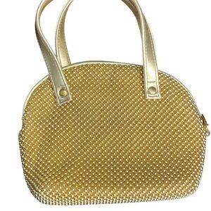 Vintage Gold Beaded Evening Handbag Dome Top Handle Metallic‎ Mesh Party Bag